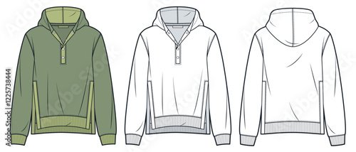Snap-Button Hoodie with Ribbed Details technical fashion illustration. Sweatshirt fashion flat technical drawing template, side slit, front, back view, white, green, women, men, unisex CAD mockup set.