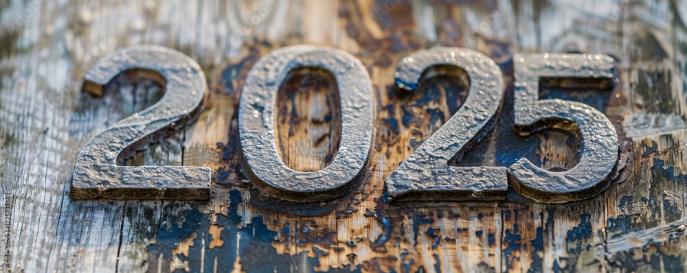 Large cast iron number 2025 mounted on a weathered wood background Large cast iron number 2025 mounted on a weathered wood background