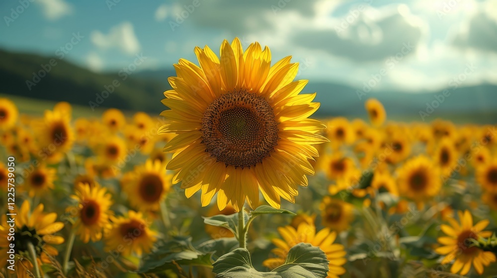 A field of yellow sunflowers with a single yellow flower in the foreground A field of yellow sunflowers with a single yellow flower in the foreground