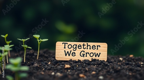 High-resolution stock photo A small wooden sign reading Together We Grow in black ink rests on dark soil, right-aligned.  Green seedlings sprout left.  