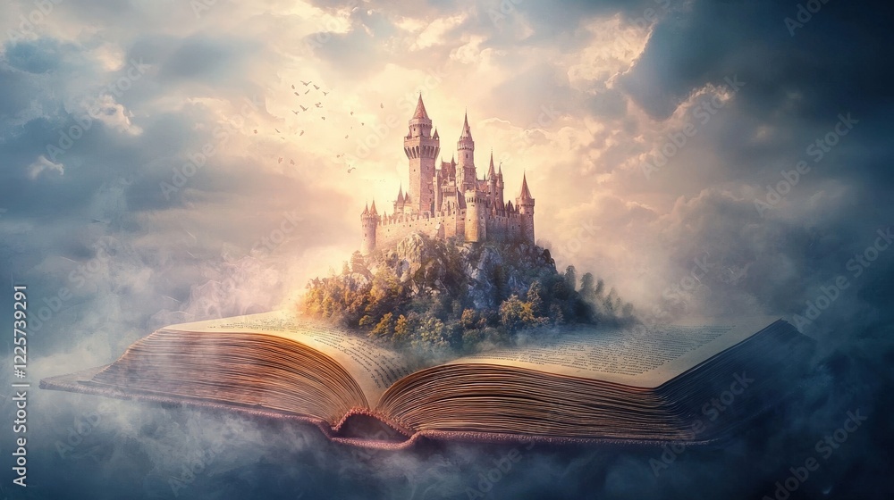 Fototapeta premium A fairytale castle rising from an open book, symbolizing the power of stories and imagination, ideal for children's literature and fantasy artwork.