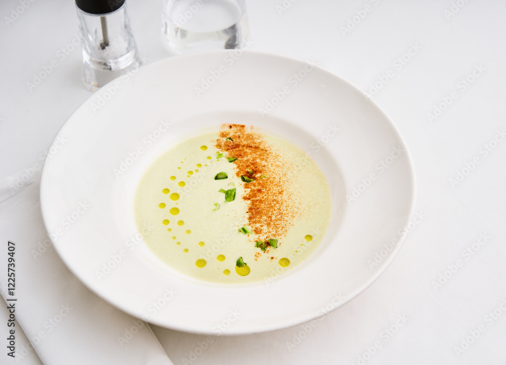 A beautifully arranged dish featuring a creamy soup base with vibrant green garnishes and subtle spices. The presentation highlights culinary craftsmanship and attention to detail A beautifully arranged dish featuring a creamy soup base with vibrant green garnishes and subtle spices. The presentation highlights culinary craftsmanship and attention to detail