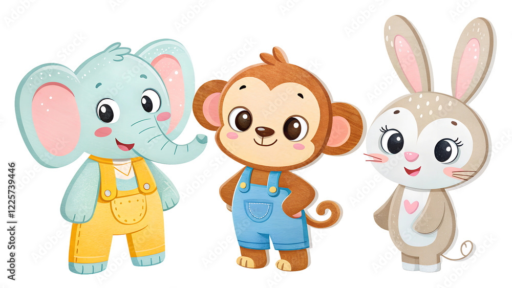 Obraz premium Cutout set of 3 cartoon animal toys characters isolated on transparent png background enjoyment cute design dog illustration bear baby teddy set toy isolated cat art brown icon drawing 