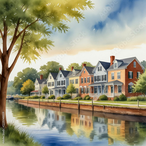 watercolor illustration of Cambridge, Maryland, located on the Choptank River. photo