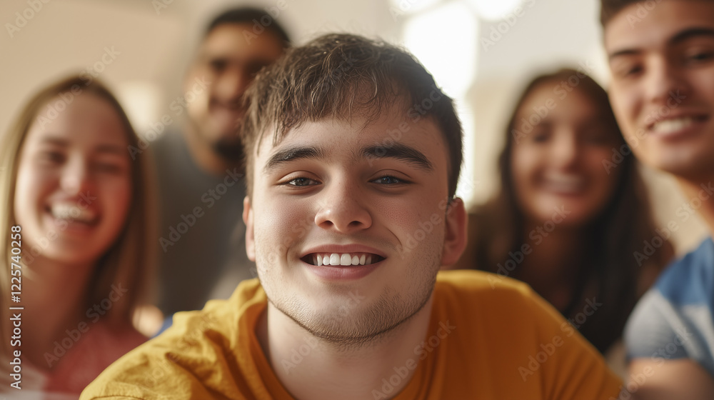 Obraz premium copy space, stockphoto, young man with down syndrome posing with other friends. young man with down syndrome posing with other friends. Accepting people with disiblilties or mental disadvantaged peopl