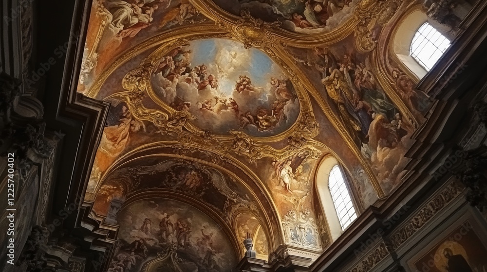 Fototapeta premium Interior of a baroque church with a decorated vaulted ceiling decorated with frescoes and stuccoes depicting religious scenes