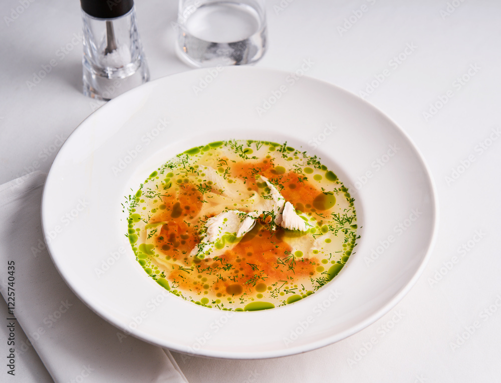 A carefully plated bowl of warm soup features tender pieces of chicken surrounded by vibrant herbs and a drizzle of flavored oil, highlighting culinary artistry at dinner A carefully plated bowl of warm soup features tender pieces of chicken surrounded by vibrant herbs and a drizzle of flavored oil, highlighting culinary artistry at dinner