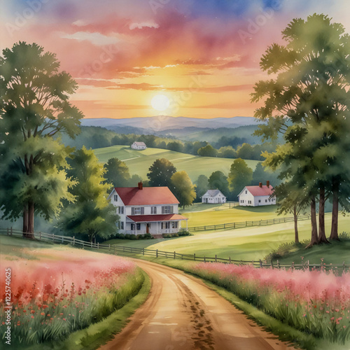 watercolor Illustrate the tranquil charm of Tullahoma, with its rolling hills and green pastures photo