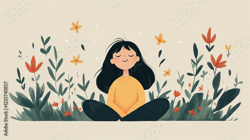 Peaceful girl meditating in nature with closed eyes, surrounded by flowers, calm mindfulness practice, relaxation, serenity, inner peace, and emotional balance in a beautiful setting