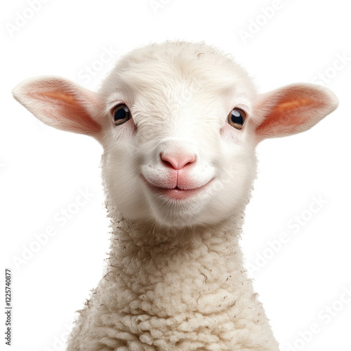Cute lamb with fluffy wool and cheerful expression, isolated on a transparent background. PNG