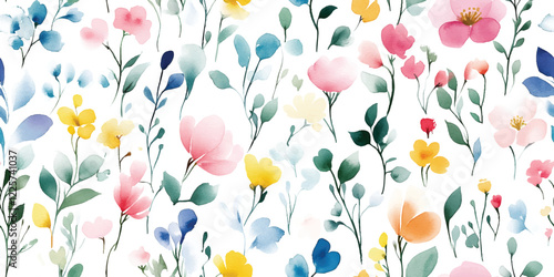 Seamless watercolor pattern. Hand drawn illustration isolated on white background, Seamless floral pattern, botanical design: small hand drawn flowers, tiny leaves. Vector illustration