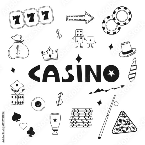 A casino-themed vector illustration featuring gambling doodles and bold 'Casino' text in black and white. Online games and entertainment-themed projects concept.