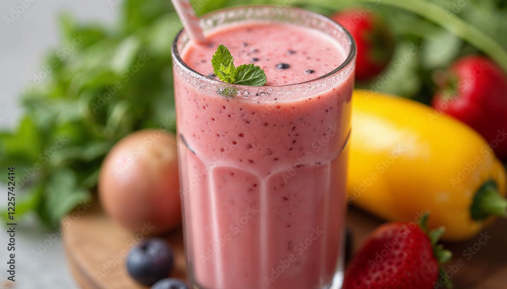 Smoothie close-up composition of fruits, vegetables and glass of detox drink Smoothie close-up composition of fruits, vegetables and glass of detox drink