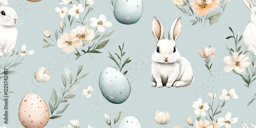 Happy Easter. Vector seamless patterns with rabbits, eggs and flowers. Vector designs, seamless festival spring pattern