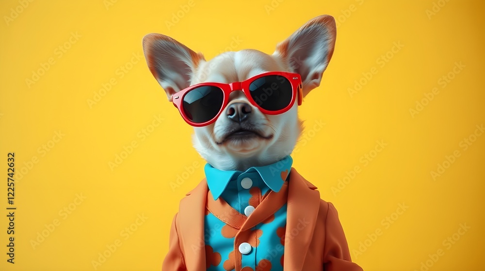Dog in suit. Pet is dressed up in humorous, stylish suit complete with a tie for intellectual look. Trendy dog clothing for Funny humor. Dog with glasses and colorful costume Dog in suit. Pet is dressed up in humorous, stylish suit complete with a tie for intellectual look. Trendy dog clothing for Funny humor. Dog with glasses and colorful costume