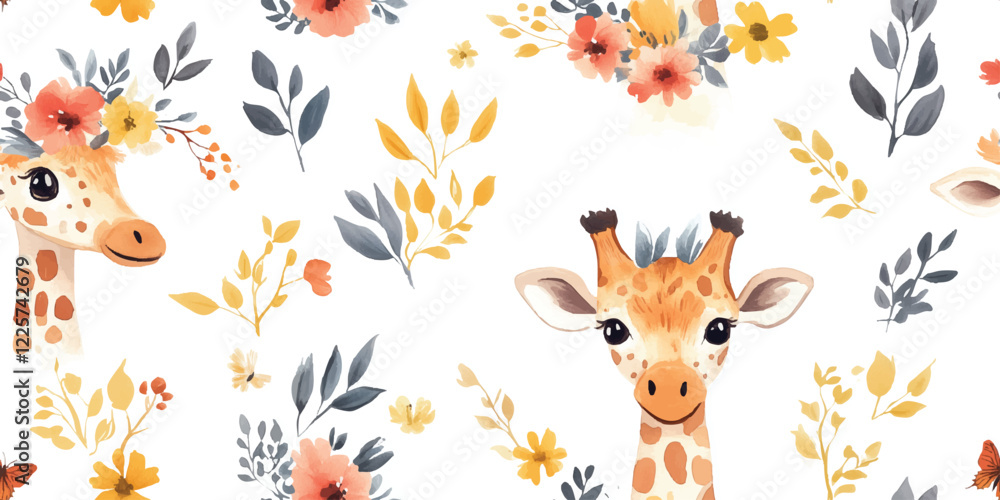 Vector seamless patterns with cute giraffe and flowers. Hand drawn design for textile. Fabric baby design. Nursery baby patterns illustration Vector seamless patterns with cute giraffe and flowers. Hand drawn design for textile. Fabric baby design. Nursery baby patterns illustration