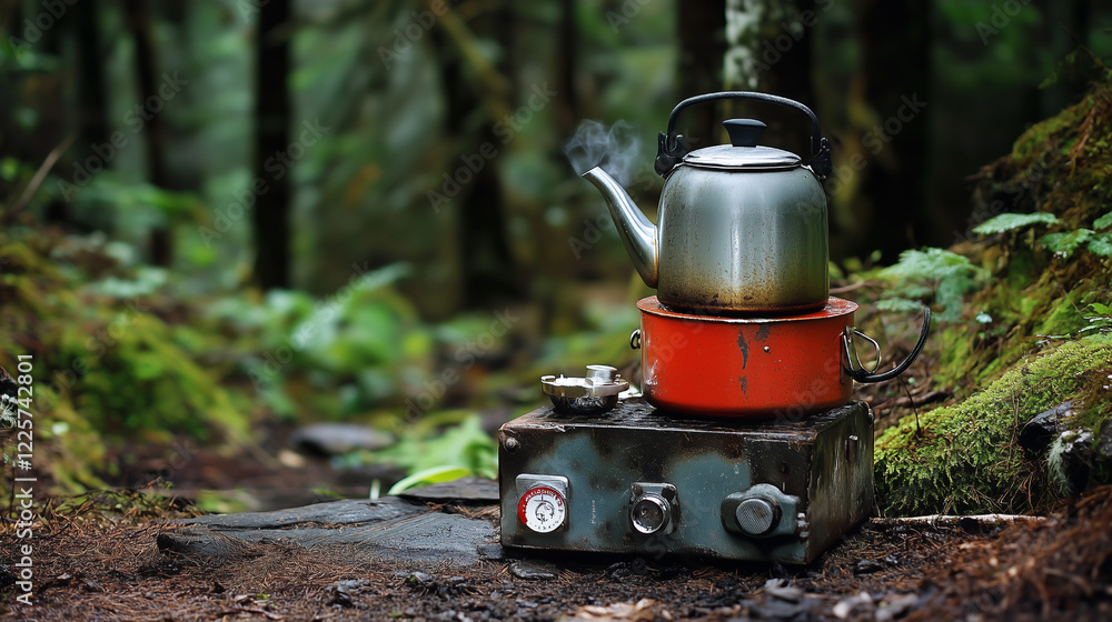 Photo of a small camp stove with a kettle boiling in a forest. Photo of a small camp stove with a kettle boiling in a forest.