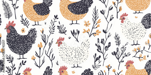 Vector seamless patterns, Farm Pattern with Chickens and Hens, Hand-drawn vector poultry. Spring season concept, Easter, nature