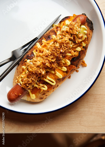 A freshly prepared hot dog sits on a white plate, generously topped with mayonnaise and crispy onion flakes. The dish is ready to be enjoyed, showcasing vibrant flavors photo