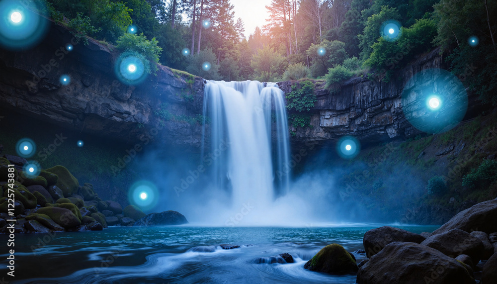 Naklejka premium Glowing orbs above waterfall in mystical forest, enchanting serenity