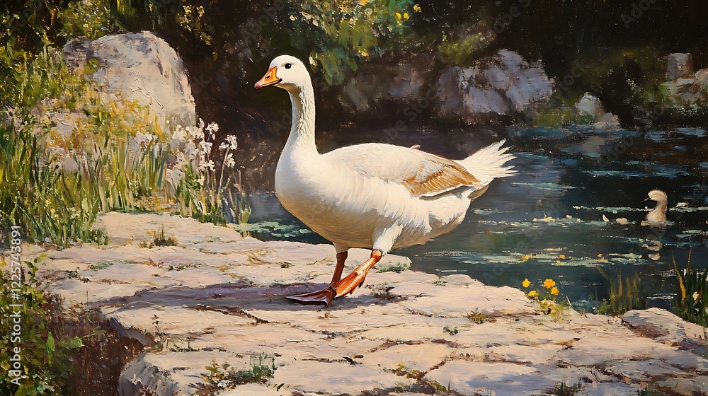 Fototapeta premium Domestic goose emerging from water