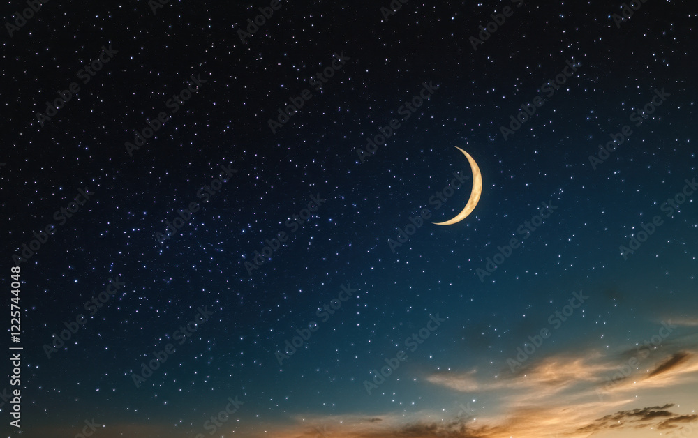 Naklejka premium Ramadan background with crescent, stars and glowing clouds with ray from skies. Month of Ramadan is that in which was revealed Quran. 