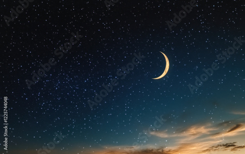 Ramadan background with crescent, stars and glowing clouds with ray from skies. Month of Ramadan is that in which was revealed Quran. 
 photo