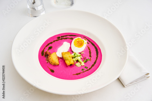 A vibrant bowl of beetroot soup features a perfectly boiled egg, diced vegetables, and a drizzle of sauce, all presented on a stylish white plate in an elegant setting photo