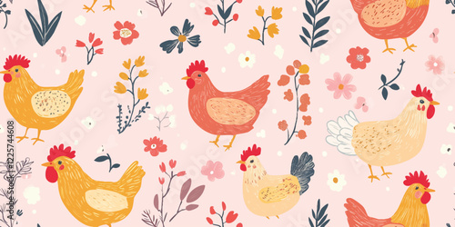 Vector seamless patterns, Farm Pattern with Chickens and Hens, Hand-drawn vector poultry. Spring season concept, Easter, nature