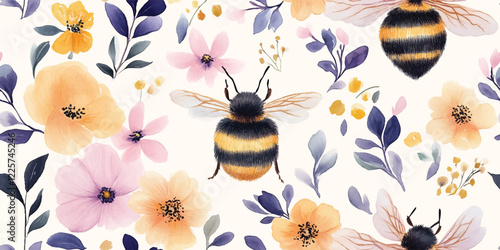 Vector seamless pattern with bees, flowers, and leaves on a white background