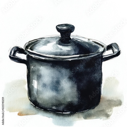 Watercolor illustration of a cooking pot photo