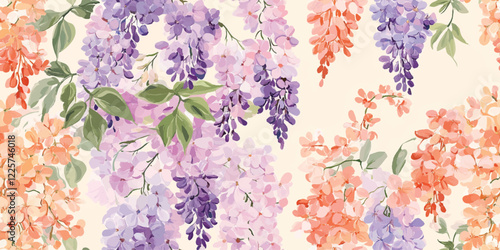The pattern of purple pink wisteria flowers with fresh green leaves creates a beautiful backdrop, exuding elegance and serenity