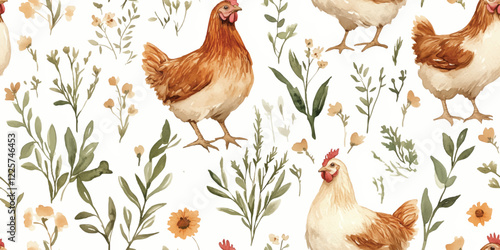 Vector seamless patterns, Farm Pattern with Chickens and Hens, Hand-drawn vector poultry. Spring season concept, Easter, nature