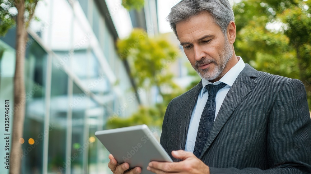 A businessman using a tablet outside a modern office building. A businessman using a tablet outside a modern office building.
