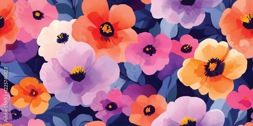 Trendy floral seamless pattern, flower background illustration. Colorful flowers nature backgrounds with spring plants, Vector floral seamless pattern. Bright colors, gouache painting