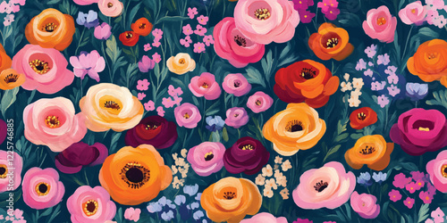 Trendy floral seamless pattern, flower background illustration. Colorful flowers nature backgrounds with spring plants, Vector floral seamless pattern. Bright colors, gouache painting