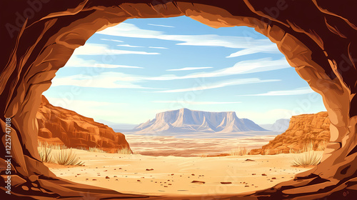 A sandstone arch frames a view of a distant mountain range in a desert landscape. Desert Arch. Illustration