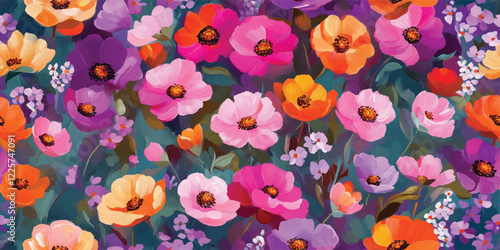 Trendy floral seamless pattern, flower background illustration. Colorful flowers nature backgrounds with spring plants, Vector floral seamless pattern. Bright colors, gouache painting