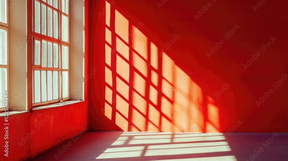 Window Light Casting Geometric Shadow on Red Wall and Floor Window Light Casting Geometric Shadow on Red Wall and Floor