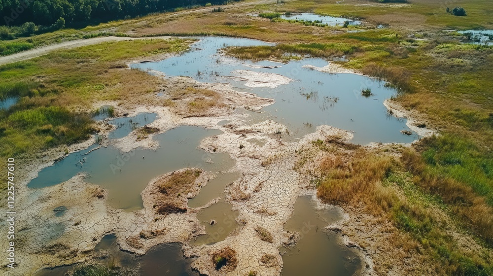 Aerial view of a dry wetland swamp with cracked soil and remaining water patches. Highlights environmental drought conditions. Aerial view of a dry wetland swamp with cracked soil and remaining water patches. Highlights environmental drought conditions.