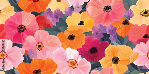Trendy floral seamless pattern, flower background illustration. Colorful flowers nature backgrounds with spring plants, Vector floral seamless pattern. Bright colors, gouache painting