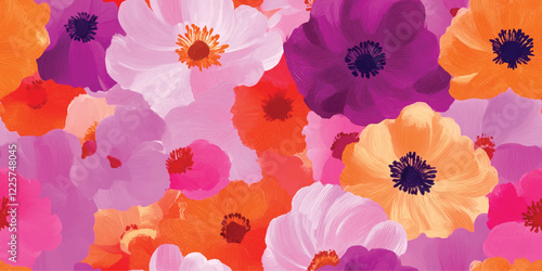 Trendy floral seamless pattern, flower background illustration. Colorful flowers nature backgrounds with spring plants, Vector floral seamless pattern. Bright colors, gouache painting