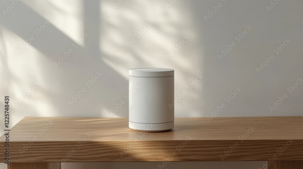 Minimalist White Cylinder Product Mockup on Wooden Table Natural Light 3d clean shape scene style   