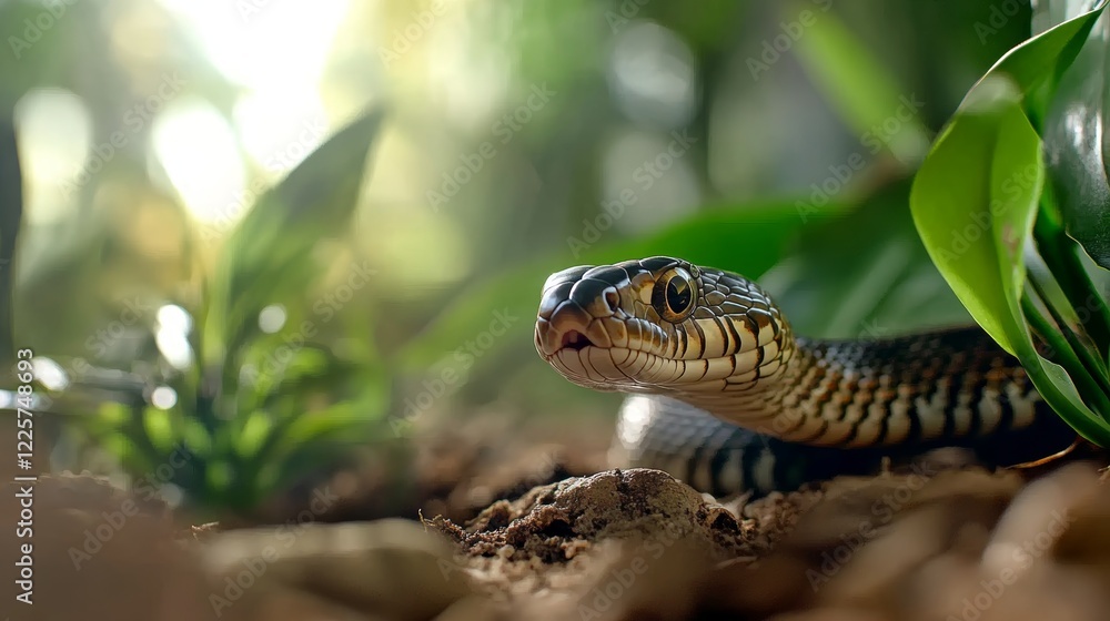 Cobra snake glides through a lush forest while hissing softly, showcasing nature’s vibrant ecosystem Cobra snake glides through a lush forest while hissing softly, showcasing nature’s vibrant ecosystem
