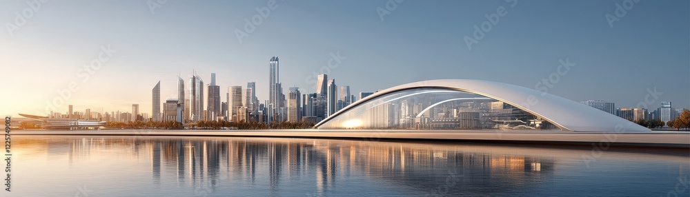 Fototapeta premium A sleek, modern bridge reflects in water, with a futuristic skyline in the background under a clear sky at sunrise.