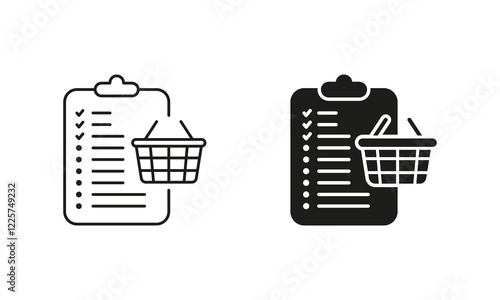 Purchase Checklist Line and Silhouette Icon Set. Grocery List to Buy Pictogram. Order List with Basket Symbol. Editable Stroke. Isolated Vector Illustration