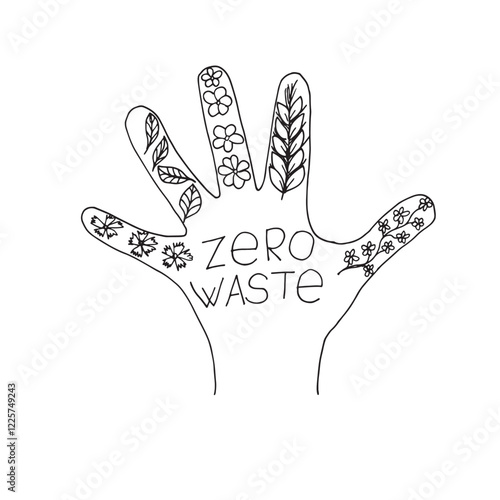 Hand contour with plant elements Concept is zero waste Black white graphics vector illustration composition drawing by hand The basis for textual and advertising postcards