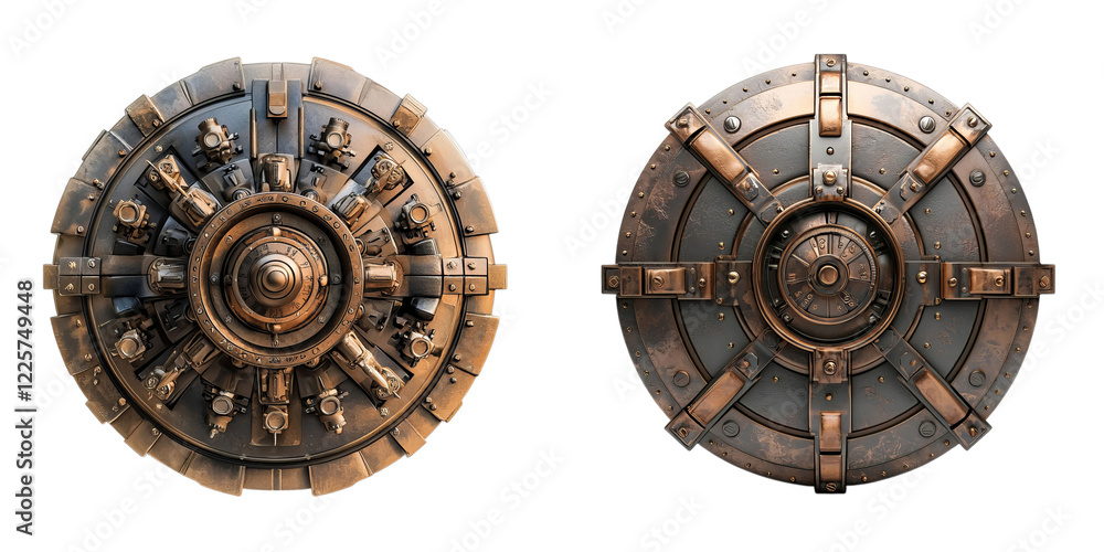 Naklejka premium Png of Detailed circular vault doors with metallic textures and intricate locking mechanisms on transparent background.