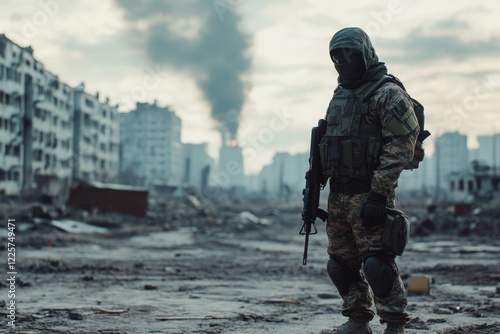 A solitary soldier in advanced armor vigilantly surveys a devastated urban battlefield, surrounded by crumbling buildings and rising smoke in a dystopian atmosphere photo