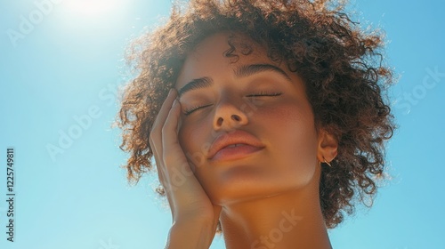 A woman applying sunscreen on her face while standing outdoors, with a beach clear sky in the background. Bright sunlight highlights her healthy skin, showcasing refreshing summer skincare routine photo